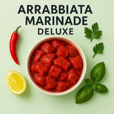 Arrabbiata‑Marinade Deluxe in einer Schüssel mit mariniertem Fleisch - mit Chili, Zitrone und Kräutern.