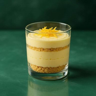Luftige Zitronencreme im Glas, getoppt mit goldenem Butterkeks‑Crumble und Zitronenzeste, frisch und cremig angerichtet.