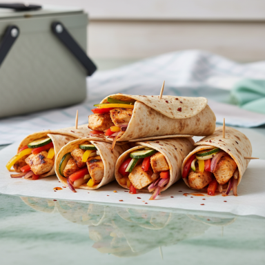 Würzige Arrabbiata‑Wraps mit Hähnchen, Paprika, Zucchini und Zwiebeln, frisch gerollt und perfekt für unterwegs.