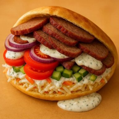 Saftiger Leberkäse im warmen Fladenbrot mit frischem Gemüse und Joghurt-Sauce als moderner Bayern-Döner angerichtet.