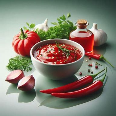 Arrabbiata‑Marinade in einer kleinen Schüssel, umgeben von Chili, Knoblauch und Kräutern, bereit zum Marinieren von Fleisch, Fisch o. Gemüse
