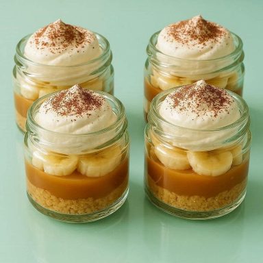 Kleine Baby Banoffee Pies im Glas mit Keksboden, cremigem Karamell, frischen Bananenscheiben und luftig geschlagener Sahne, dekoriert mit Ka