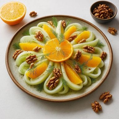 Fenchelsalat mit Orangenfilets und Walnüssen, dünn gehobelt und frisch angerichtet auf einem Teller.