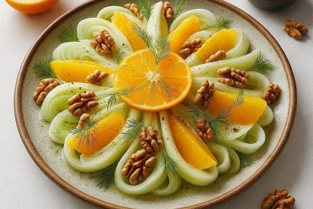 Frischer Fenchel-Salat mit Orangen und Walnüssen angerichtet auf einem Teller. Rezept von byKochmuffel.de
