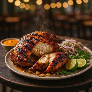 Anschnitt von Pollo a la Brasa auf einem Teller: saftiges, frisch gegrilltes peruanisches Zitronen‑Gewürz‑Hähnchen mit goldbrauner Kruste. 