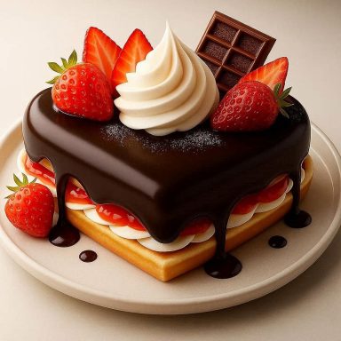 Waffeln nach Sacher Art Zwei gestapelte Waffeln mit zartschmelzender Schokoglasur und Aprikosenmarmelade, Schlagsahne und frischen Erdbeeren auf einem Teller.