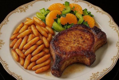 Kotelett mit Schupfnudeln und Sellerie‑Mandarinen‑Salat auf einem Teller – herzhaftes Fleisch, goldene Nudeln und frischer Zitrus‑Crunch.