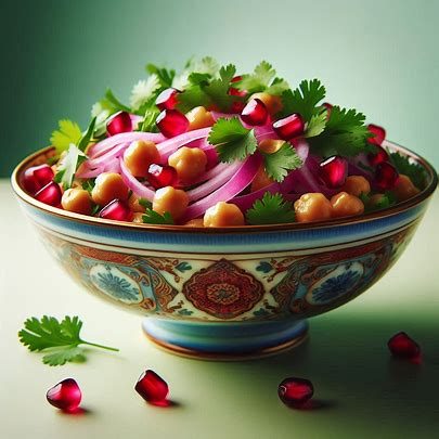Orientalischer Kichererbsensalat mit Granatapfelkernen, frischen Kräutern und Zitrone – farbenfroher, leichter Salat.
