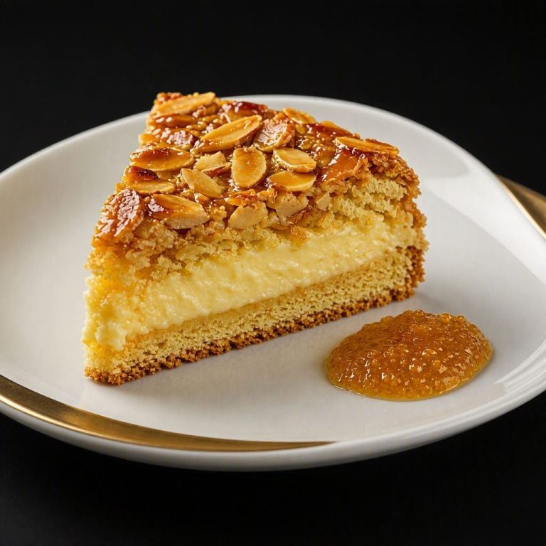 Bienenstich mit knuspriger Mandelkruste, Vanillecreme-Füllung und fruchtiger Aprikosensauce.