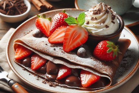 Dünne Schokoladen-Crêpes, frisch gebacken auf einem Teller gelegt, gefüllt mit frischen Erdbeeren und Schokocreme und Sahne.