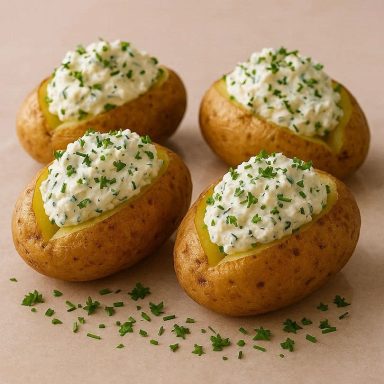 Ofenkartoffeln mit cremigem Kräuterquark, goldbraun gebacken, serviert mit frischen Kräutern und einer leichten, klassischen Quarkcreme.