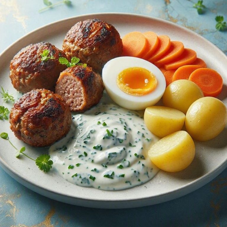 Kräuter-Hackbällchen mit Skyr-Dip Frankfurter Kräuter-Hackbällchen mit frischer Skyr-Schmand-Soße, halbierten Eiern und gedünsteten Möhren.