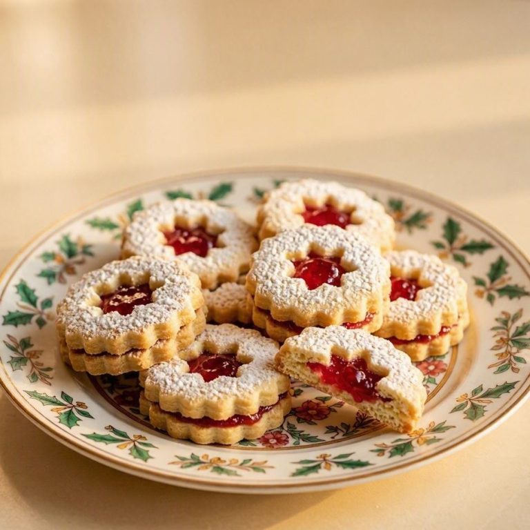 Zarte, mit Puderzucker bestäubte Spitzbuben-Plätzchen mit leuchtend roter Johannisbeerfüllung elegant serviert auf einem Teller.