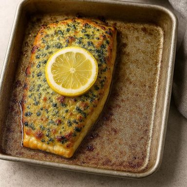Skyr‑Kräuter Powerfilet Saftiges Fischfilet im Ofen, überzogen mit cremiger Skyr‑Kräuterkruste, goldbraun gebacken und mit Zitronenscheiben serviert.