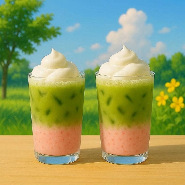 Matcha‑Milchdrink mit Erdbeercreme und luftiger Sahnewolke, geschichtet in zwei Gläsern und eisgekühlt serviert. 