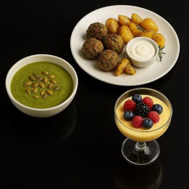 „Vegetarisches 3‑Gänge‑Menü mit Vorspeise, Hauptgang und Dessert auf einem Set arrangiert – frische Grüntöne, Kräuter und Zitrusakzente.