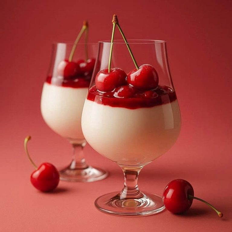 Vanillequark & heiße Kirschen Cremiger Vanillequark in Gläsern mit heißen Kirschen, frisch angerichtet als schnelles Dessert mit warm‑kalt‑Kontrast.