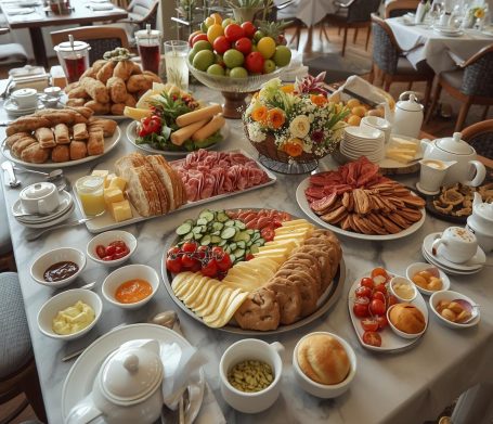 Elegantes Frühstücksbuffet mit Käse- und Wurstplatten, frischem Obst, Brotkorb, Butter, Marmelade und Smoothies auf modern gedecktem Tisch.