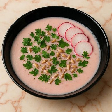 Radieschen‑Cream Bowl Cremige Radieschensuppe in zartem Rosa, mit Kräutern, Radieschenscheiben und Sonnenblumenkernen frisch angerichtet.