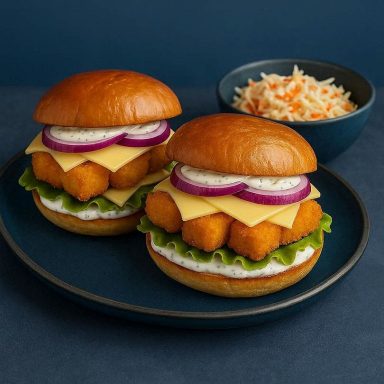 Fischstäbchen‑Burger mit Dillsauce Knuspriger Fischstäbchen‑Burger mit Dillsauce, frischem Knuspersalat und Brioche‑Brötchen, angerichtet auf einem Teller.