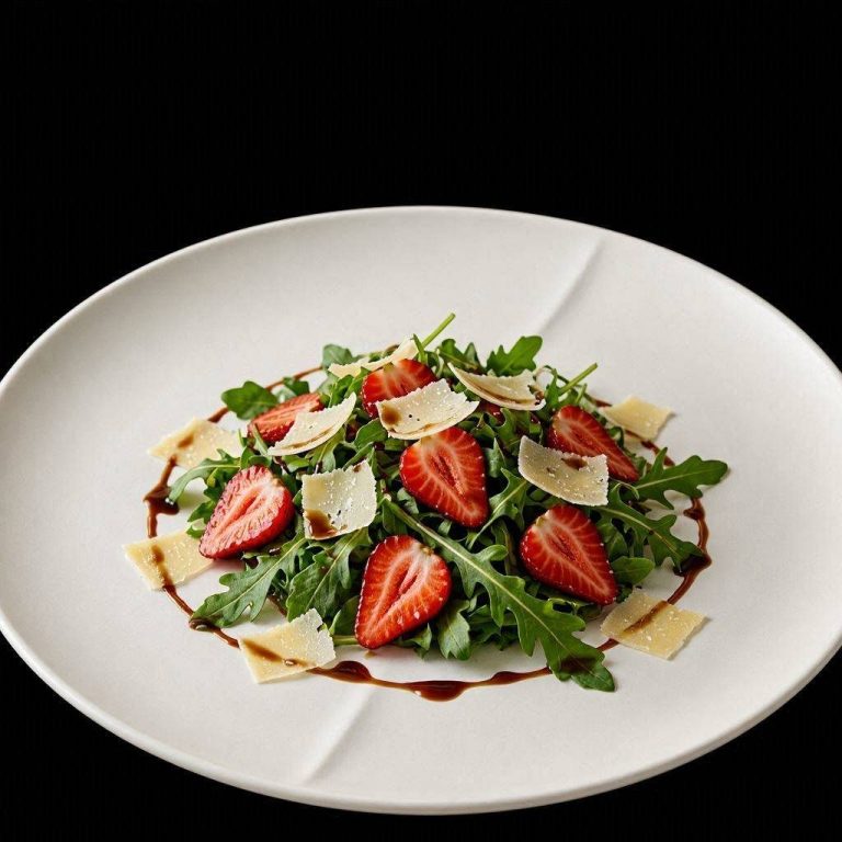 Erdbeer-Rucola-Salat Erdbeer-Rucola-Salat mit gehobeltem Grana Padano und feiner Balsamico-Reduktion, frisch angerichtet auf einem Teller.