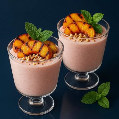 Cremige Erdbeer‑Zitronen‑Crema in Gläsern, getoppt mit gegrillten Pfirsichen, Minze & Nüssen – leichtes Sommerdessert mit mediterraner Note