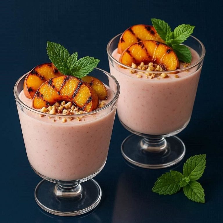 Erdbeer-Crema mit gegrillten Pfirsichen Cremige Erdbeer‑Zitronen‑Crema in Gläsern, getoppt mit gegrillten Pfirsichen, Minze & Nüssen – leichtes Sommerdessert mit mediterraner Note