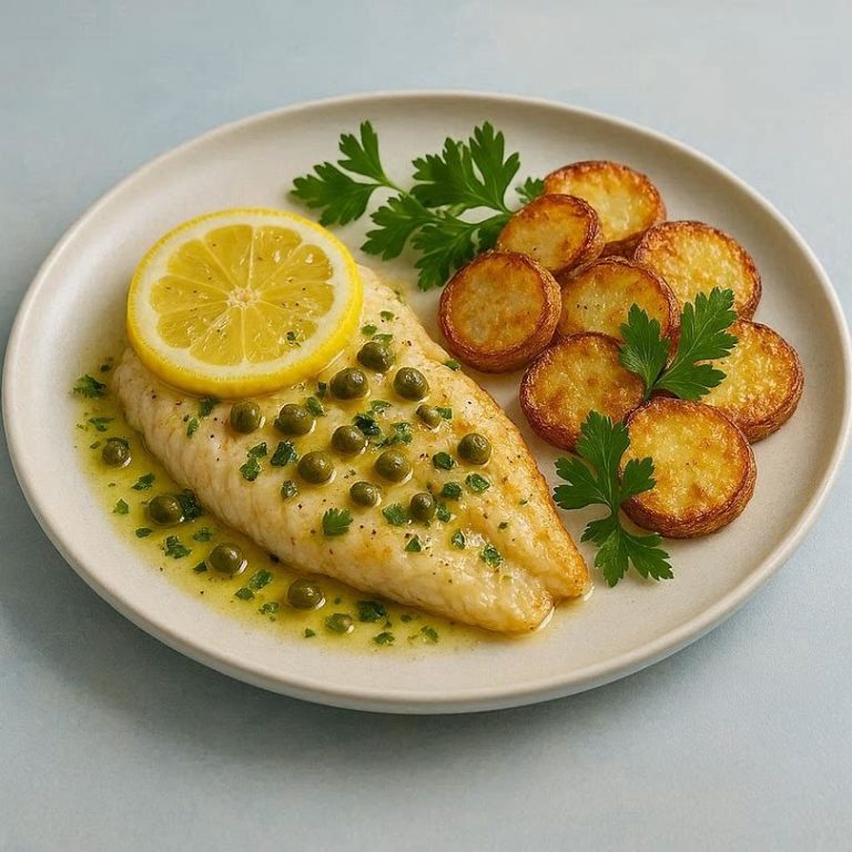 Fischfilet mit Kapernöl & Ofenkartoffeln Zartes Zitronen-Fischfilet mit Kapernöl, serviert mit knusprigen Ofenkartoffeln u. frischer Petersilie auf einem modernen Teller angerichtet