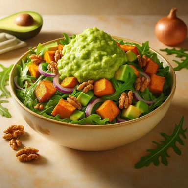 Avocado-Walnuss-Salat mit geröstetem, goldbraunem Kürbis und frischem, grünem Rucola appetitlich auf einem Teller serviert.