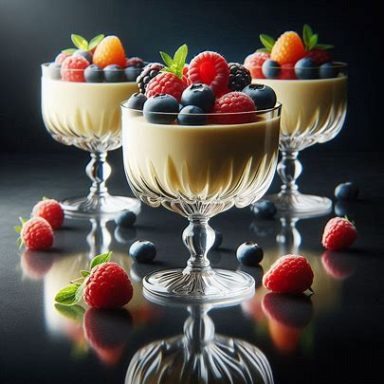 Zartes Zitronen‑Mousse mit frischen Beeren in Gläsern, leicht und cremig angerichtet als elegantes vegetarisches Dessert.