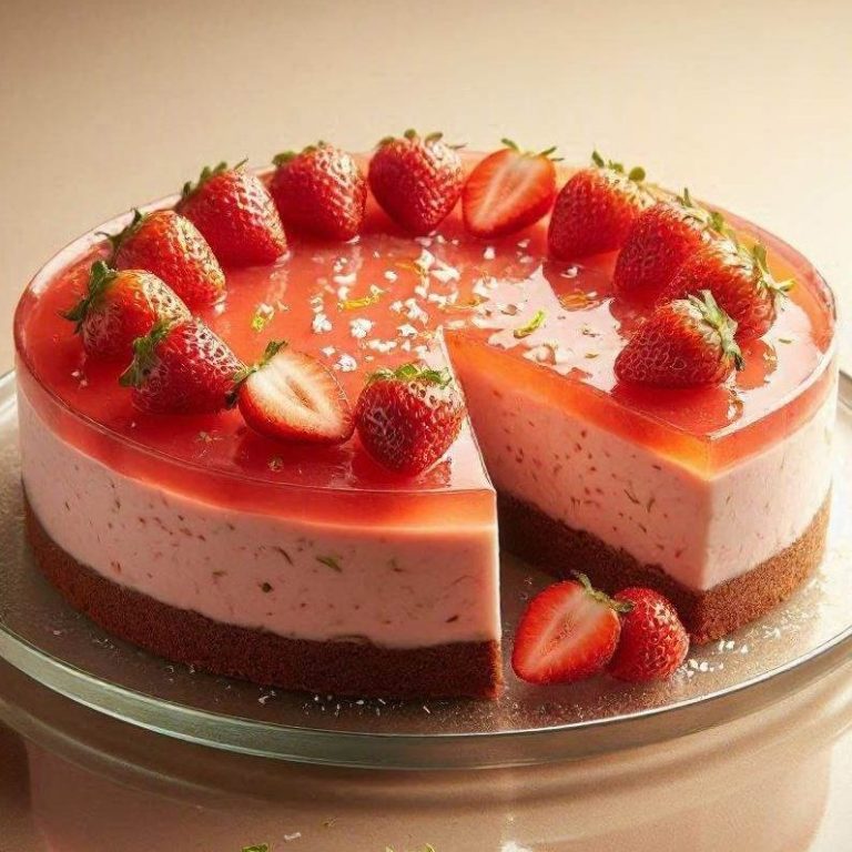 Erdbeer-Kokos-Limetten-Torte mit Schokoboden, erfrischender Creme und roter Fruchtschicht.