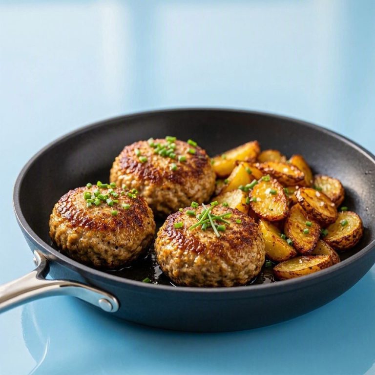 Saftige Frikadellen aus der Pfanne mit knusprigen Bratkartoffeln und frischem Schnittlauch.