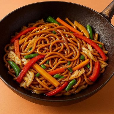 Asia Streetfood Nudelpfanne Asia Streetfood Nudelpfanne mit gebratenen Nudeln, buntem Gemüse und würziger Sauce, frisch aus dem Wok serviert.
