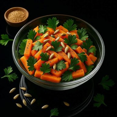 Samtiger Karottensalat mit Sonnenblumenkernen und Petersilie vermengt, wird in einer Glasschüssel serviert. Rezept von byKochmuffel.