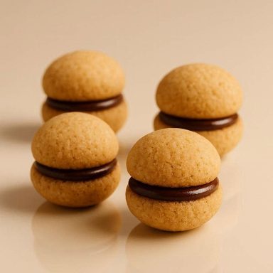 Zarte Haselnusskekse mit Schokofüllung auf einem Glasteller, daneben zwei Tassen heißer Kakao mit Sahnehaube auf einem hellen Tisch.