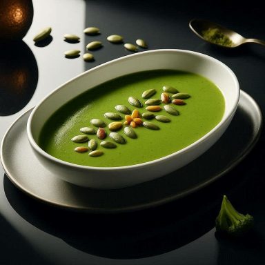Cremige Brokkoli‑Suppe mit gerösteten Kürbiskernen, warm serviert und appetitlich angerichtet als vegetarisches Gericht.