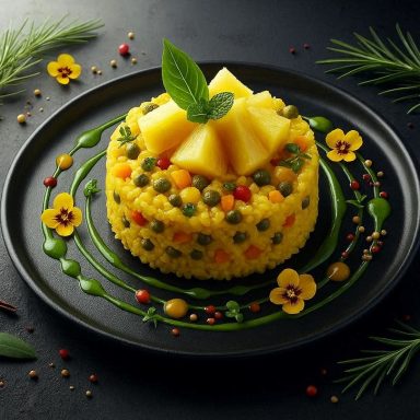 Frischer Ananas-Reissalat - vegan, mit Currypulver, Dressing und frischen Kräutern – perfekt als Sommerbeilage oder leichter Snack.