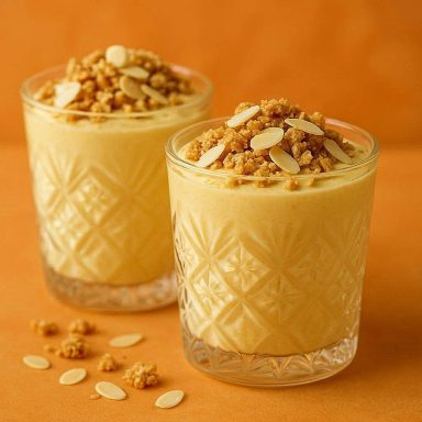 Hellgelbe Sanddorn-Quarkcreme in stilvollen Gläsern, garniert mit knusprigem Hafer-Crumble und frischen Mandelblättchen.