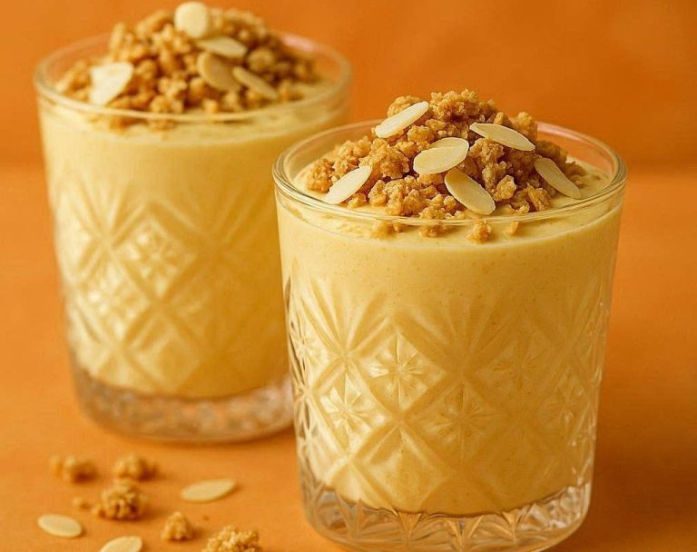 Sanddorn-Quarkcreme Hellgelbe Sanddorn-Quarkcreme in stilvollen Gläsern, garniert mit knusprigem Hafer-Crumble und frischen Mandelblättchen.