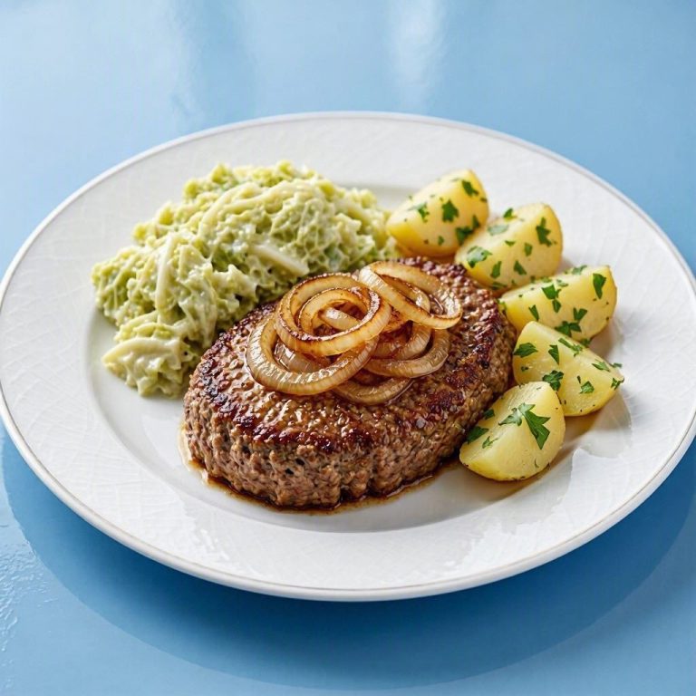 Deftige Zwiebelhacksteaks mit Rahmwirsing Saftiges Zwiebelhacksteak mit geschmorten Zwiebelringen, Petersilienkartoffeln und Rahmwirsing auf weißem Teller.