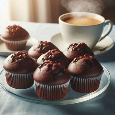 Schoko-Muffins Zartschmelzende Schoko-Muffins auf einem Glasteller, perfekt gebacken, begleitet von einer Tasse Kaffee – gemütlicher Genussmoment.