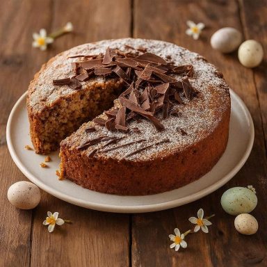 Saftiger Nusskuchen mit Schokolade und Zimt, auf Kuchenteller, mit Puderzucker bestäubt, ein Stück schon genascht.