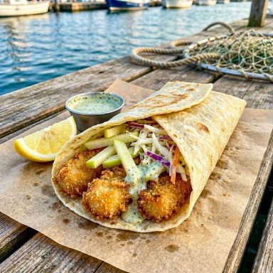 Crispy Fish Streetfood Wrap Crispy Fish Streetfood Wrap mit knusprigen Fischstäbchen, Dillsauce, Apfel und Knuspersalat, frisch gerollt und serviert.
