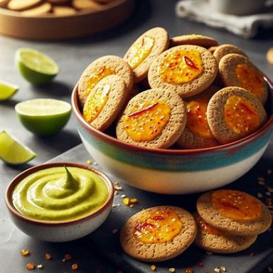 Mango-Chili-Cracker liegen in einer Schale. Daneben steht eine kleine Schale mit Limetten-Dip.   