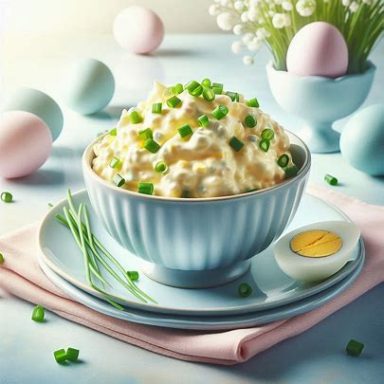 Cremiger Eiersalat hausfrauenart mit frischen Kräutern in einer Schüssel,  angerichtet und appetitlich serviert.