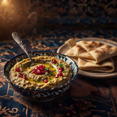Baba Ganoush in orientalischer Schale mit Granatapfelkernen garniert, daneben Fladenbrot zum Dippen. 
