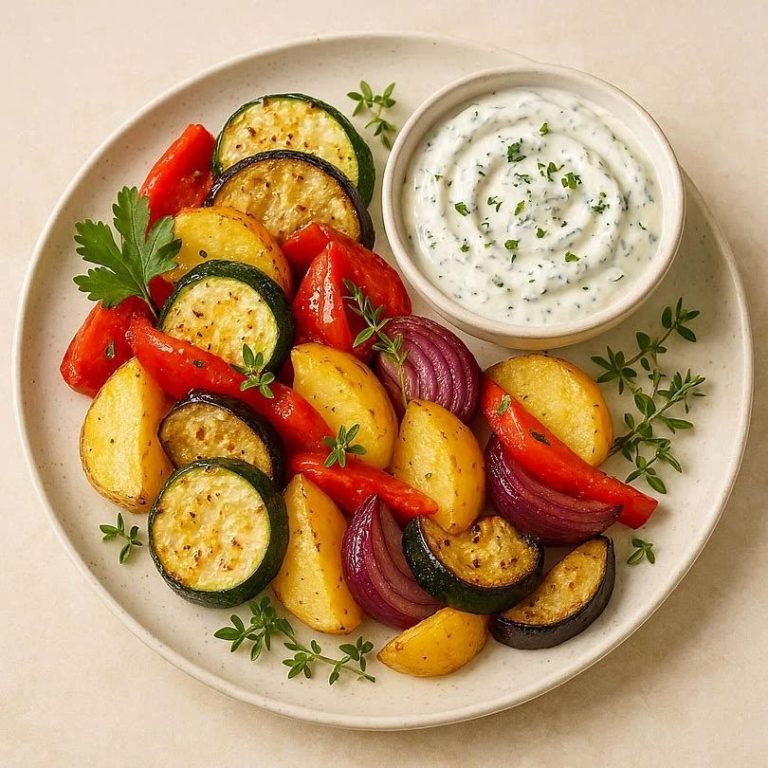 Skyr-Dip & Ofengemüse Mediterranes Ofengemüse mit cremigem High‑Protein Skyr‑Kräuter‑Dip, serviert als leichtes Fitnessgericht mit frischen Kräutern.