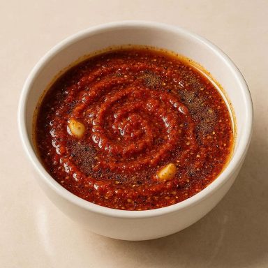 Würzige Harissa‑Feinschmecker‑Marinade in einer Schüssel, frisch angerührt mit Öl, Knoblauch und Gewürzen, für Gemüse, Fleisch oder Tofu.