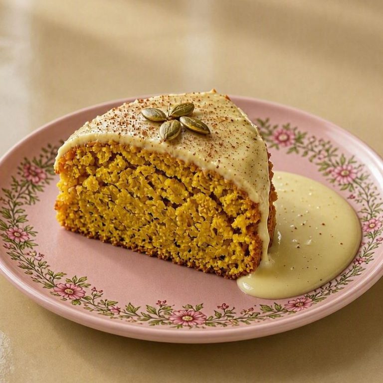 Saftiger Kürbiskuchen mit feinen Herbstgewürzen und cremiger Vanillesoße.