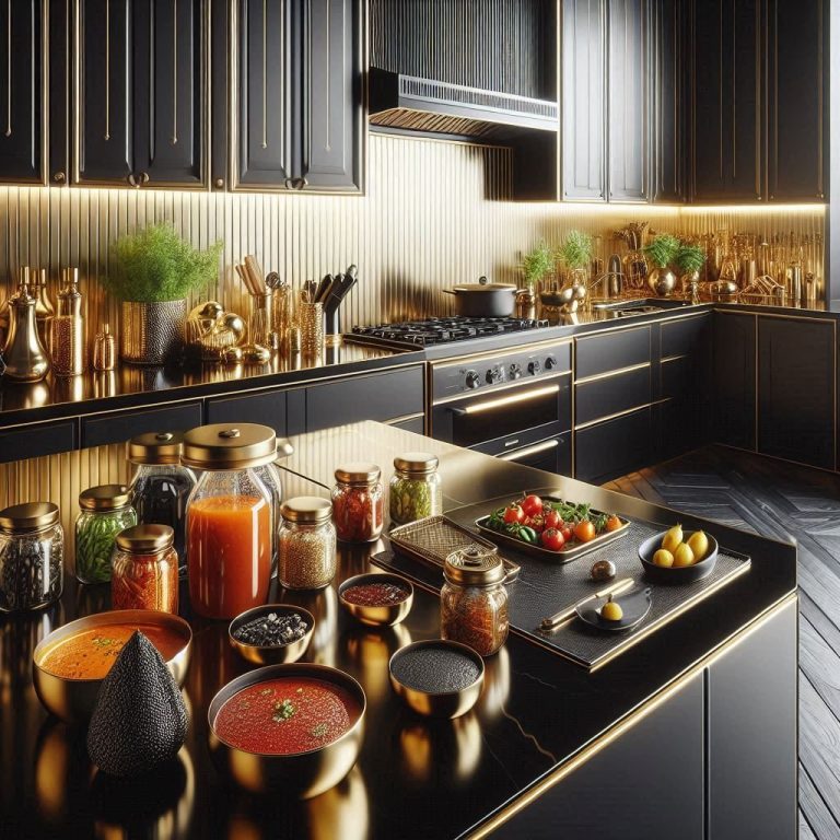 Dips, Pesto, Relish, Saucen & mehr ... Verschiedene Töpfe und Gläser gefüllt mit Saucen, Dips, Pestos und mehr. Auf dem Küchenblock sind verschiedene Zutaten für die Zubereitung.